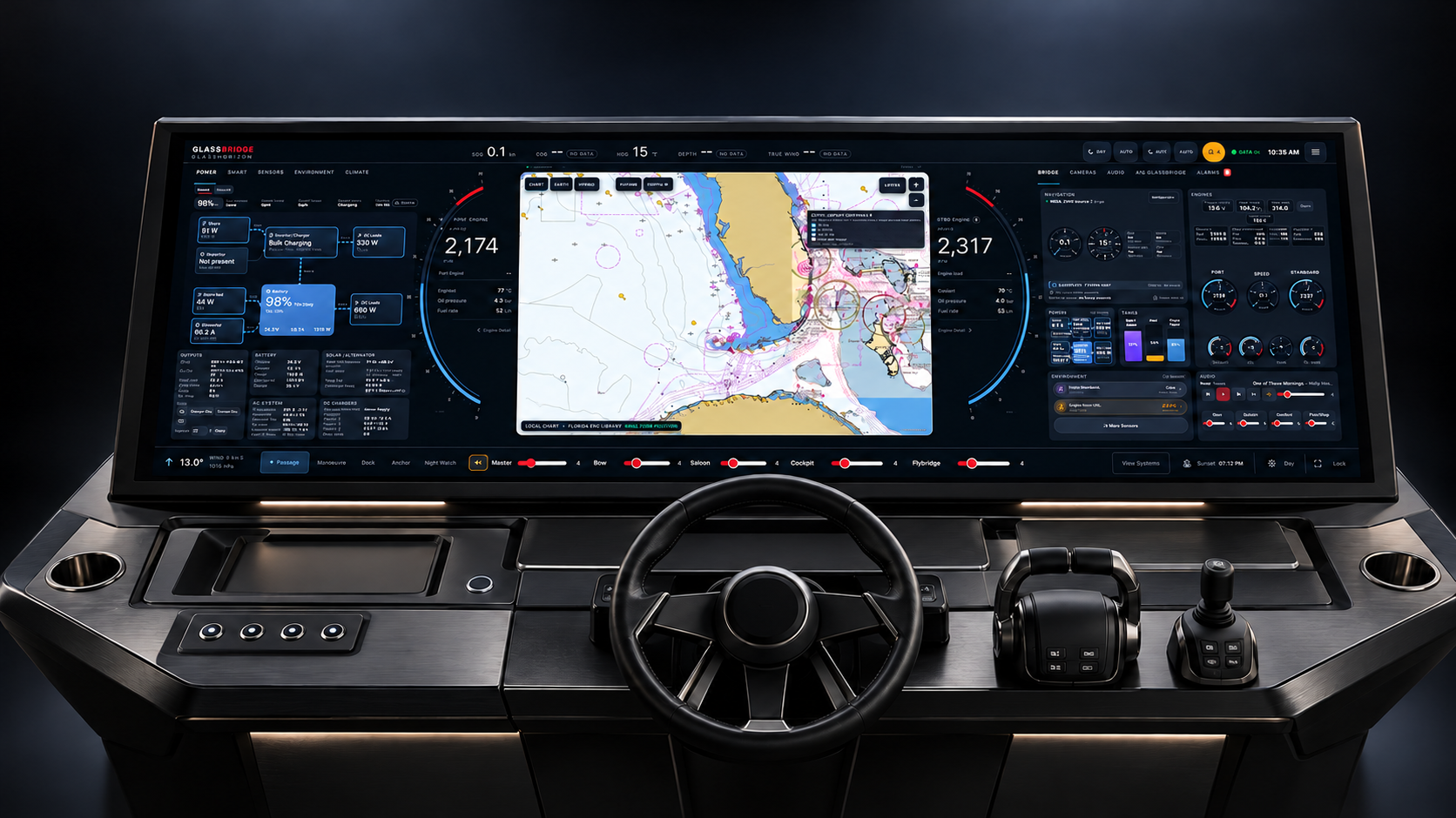 GlassHorizon display above a yacht helm console