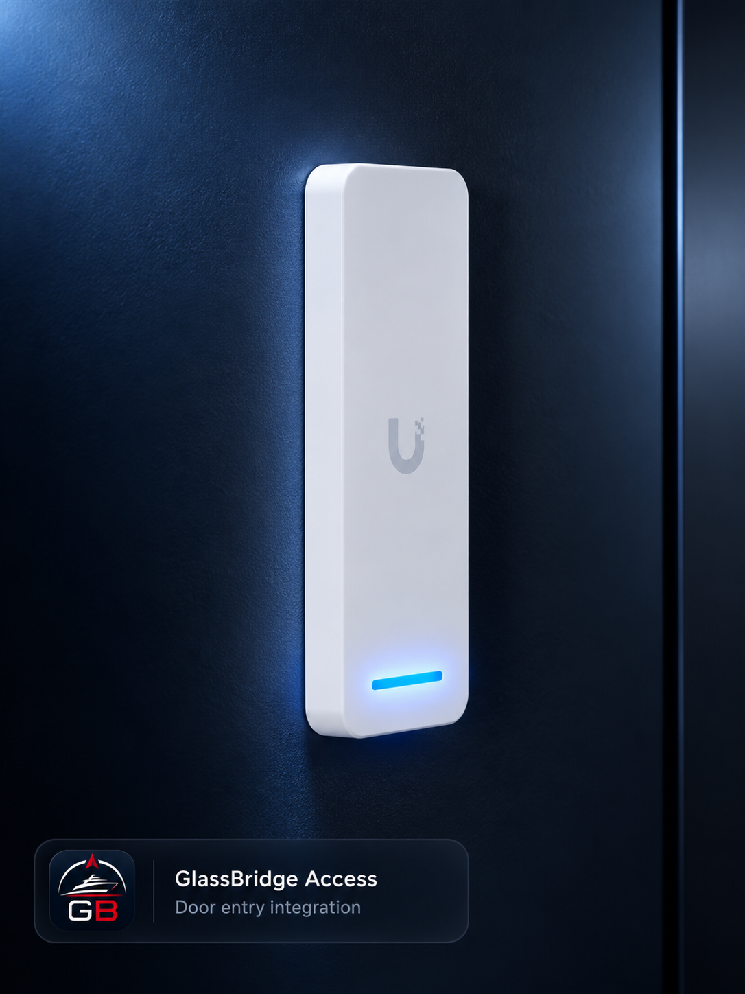 UniFi access reader illustration on a dark wall; exact reader SKU is not verified.