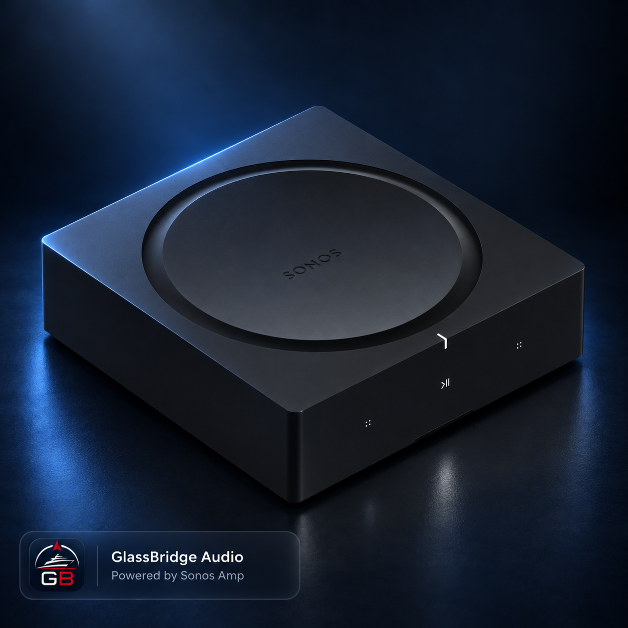 Angled Sonos Amp illustration on a dark studio background.