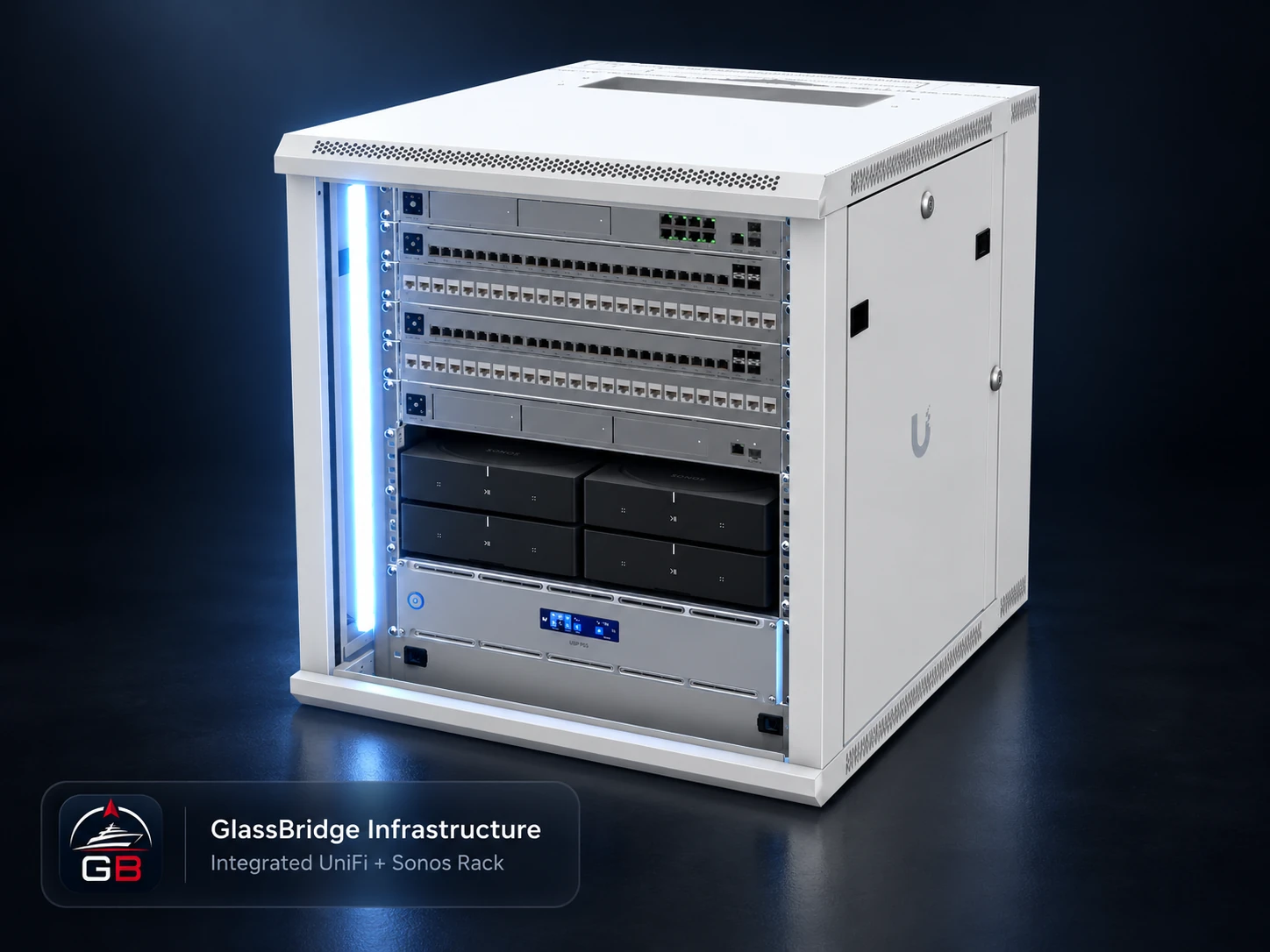 GlassBridge infrastructure rack with UniFi networking and Sonos audio