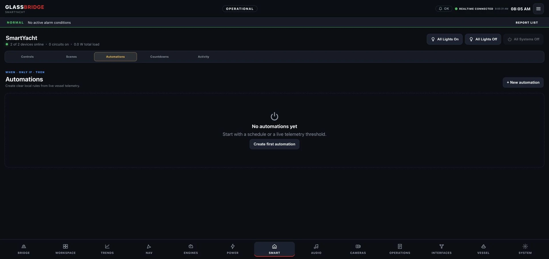 GlassBridge Smart Yacht Automations empty state
