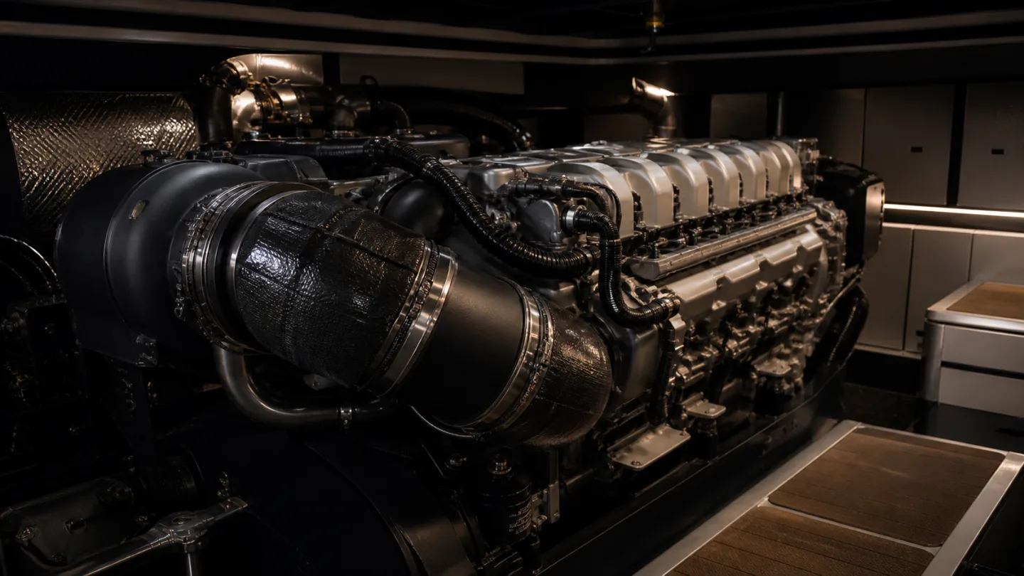 Close view of a modern unbranded marine diesel engine in a dark technical compartment
