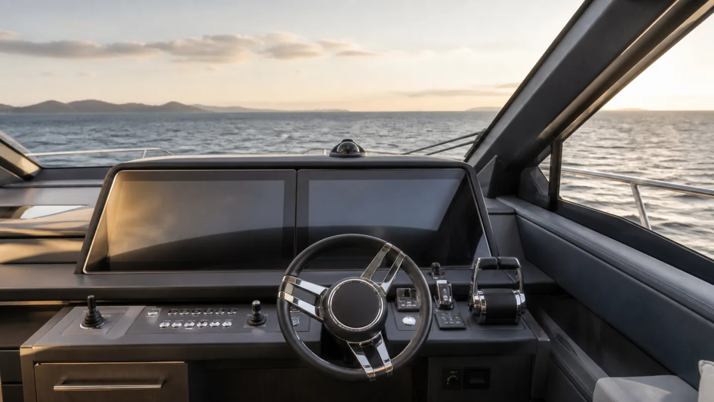 A modern yacht helm showing genuine GlassBridge Bridge and Power views on twin displays