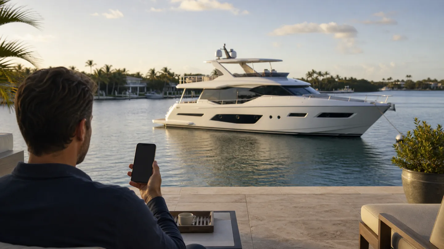 An owner ashore looking toward their yacht while holding a phone with a blank screen