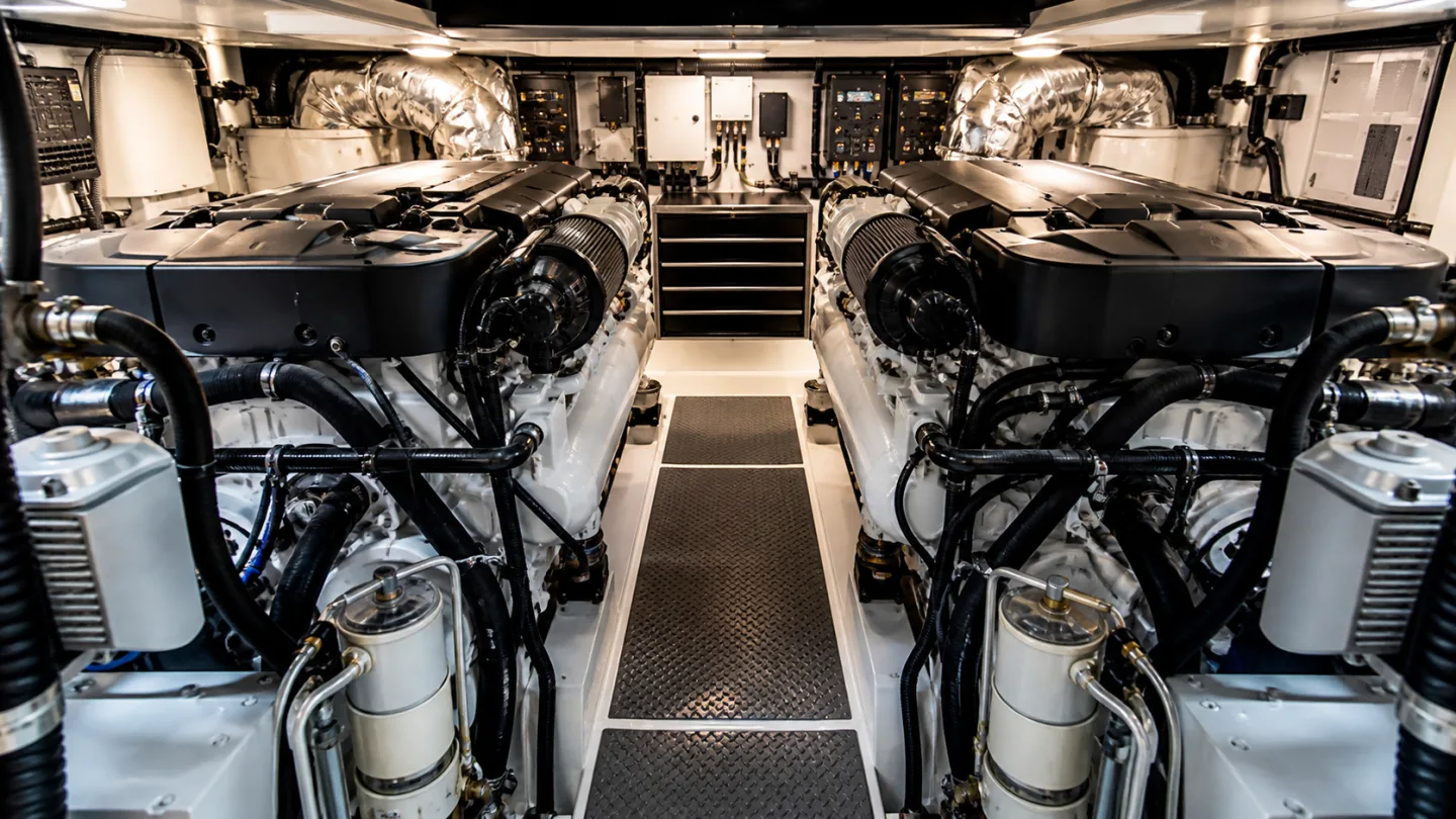 A clean, symmetrical twin-engine installation aboard a modern yacht