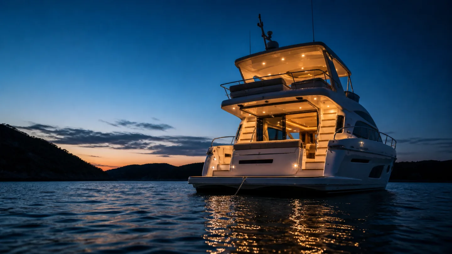 A modern flybridge yacht at anchor in a quiet bay at dusk