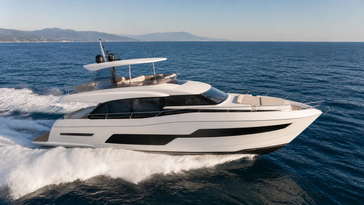 A modern flybridge yacht seen in a low aerial side view at cruising speed
