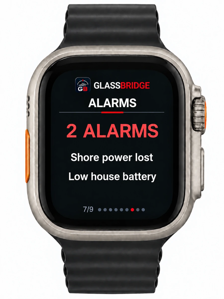 GlassBridge Alarms screen on Apple Watch Ultra