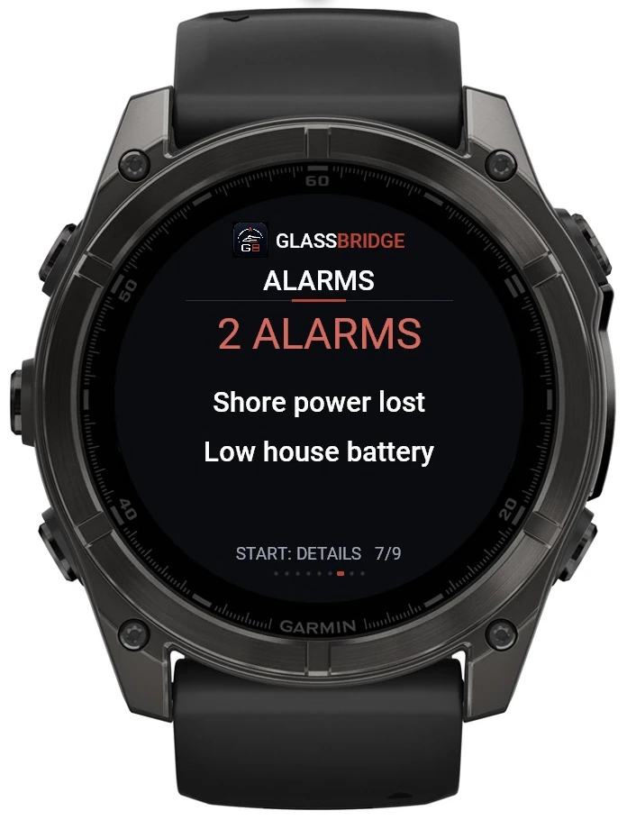 GlassBridge Alarms screen on Garmin Quatix 8