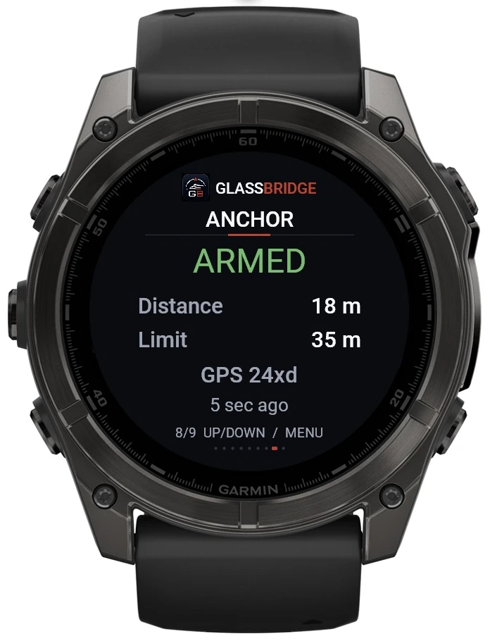 GlassBridge Anchor screen on Garmin Quatix 8