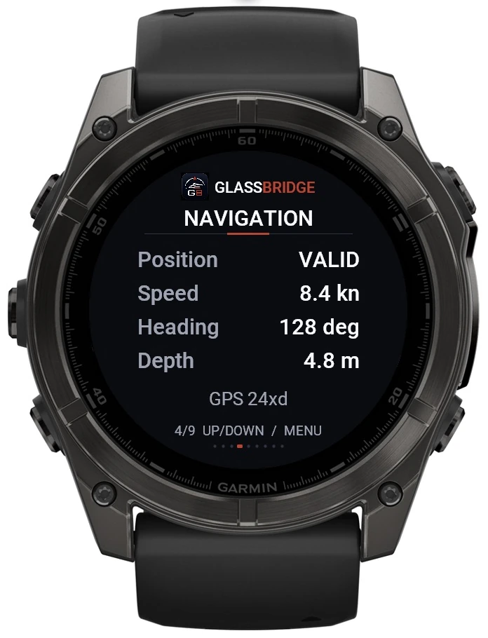 GlassBridge Navigation screen on Garmin Quatix 8