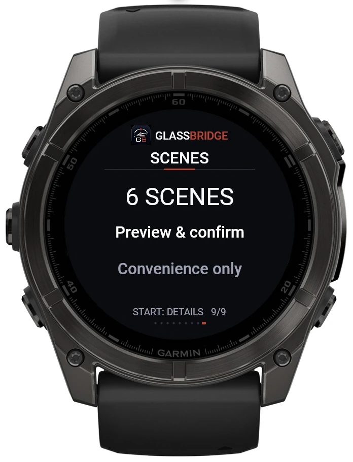 GlassBridge Scenes screen on Garmin Quatix 8