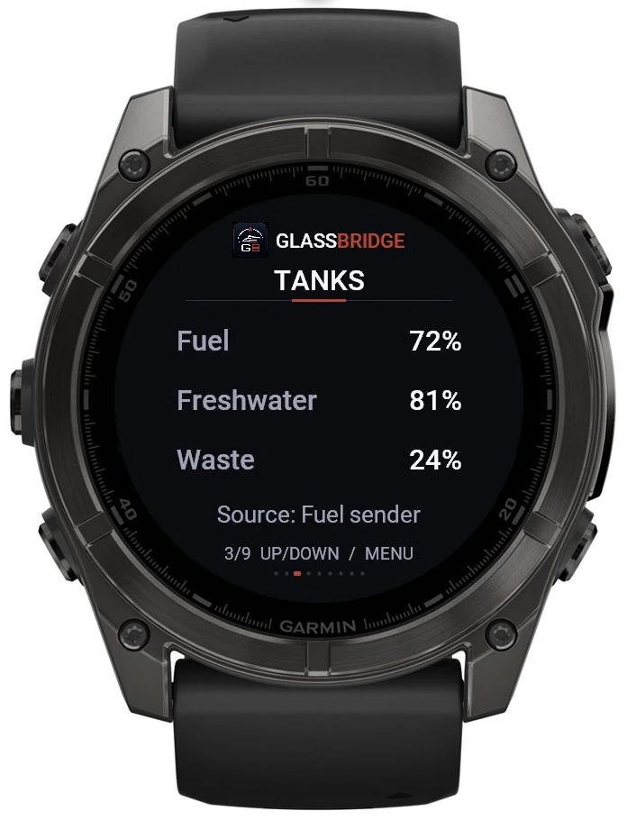 GlassBridge Tanks screen on Garmin Quatix 8