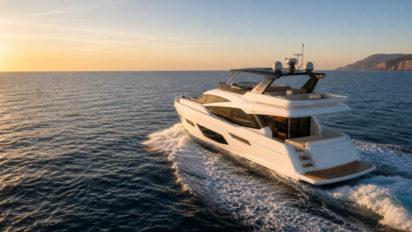 GlassBridge campaign image of a motor yacht underway at golden hour